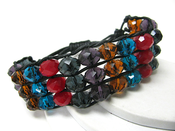 CRYSTAL CUT FACET GLASS STONE CLUSTER AND FABRIC CORD LINK FRIENDSHIP BRACELET