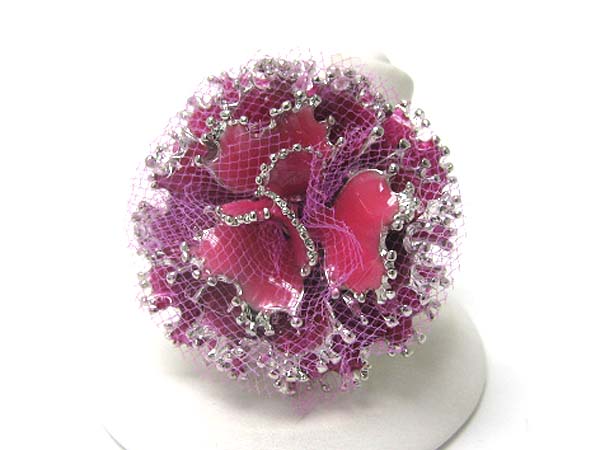 ENAMEL METAL AND FABRIC MIX FLOWER  STRETCH RING