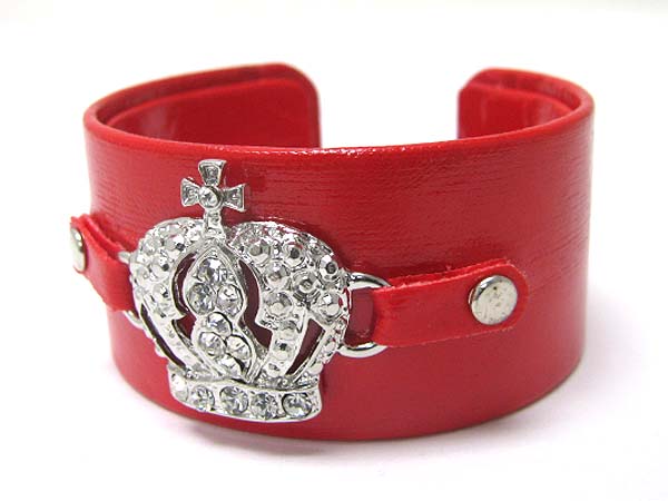 CRYSTAL CROWN FAUX LEATHER WRAP METAL CUFF BANGLE?