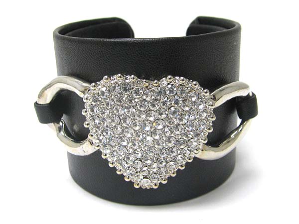 CRYSTAL HEART FAUX LEATHER WRAP METAL CUFF BANGLE