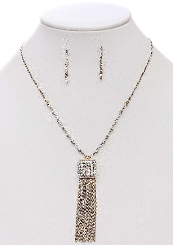 METAL BEAD AND FINE CHAIN TASSEL DROP NECKLACE SET