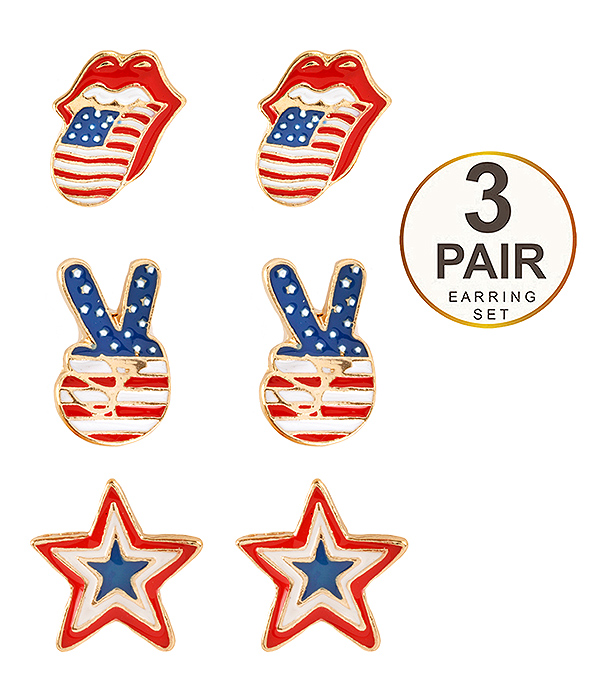 PATRIOTIC THEME AMERICAN FLAG 3 PAIR EARRING SET - STAR LIPS