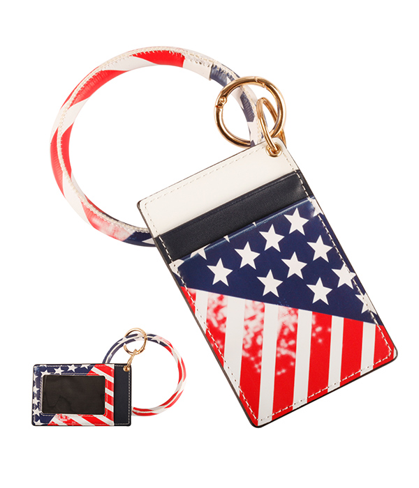 KEYRING BANGLE BRACELET WITH ID AND CREDIT CARD HOLDER - PATRIOTIC THEME - AMERICAN FLAG