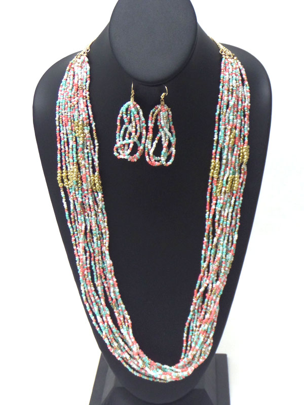MULTI SEED BEAD MIX CHAIN LONG NECKLACE EARRING SET