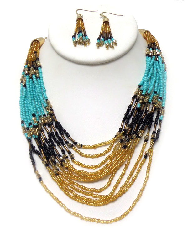 MULTI SEED BEADS CHAIN MIX NECKLACE EARRING SET