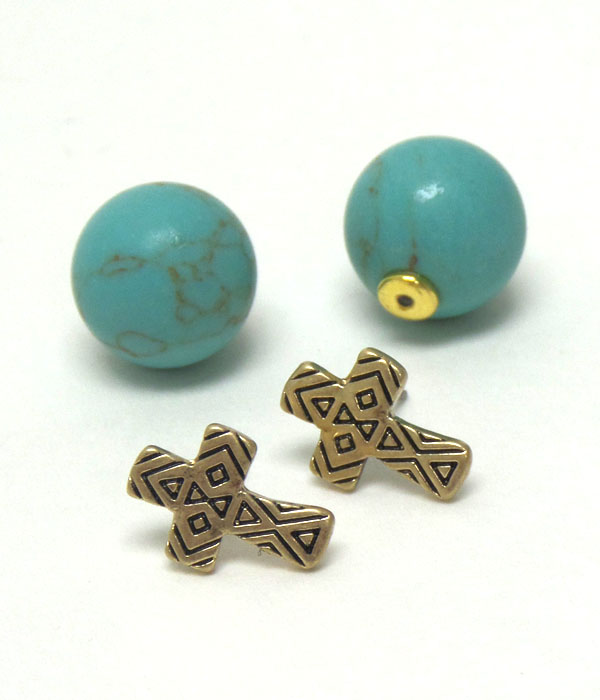 DOUBLE SIDED FRONT AND BACK TRIBAL CROSS AND ACRYL BALL DUO EARRING
