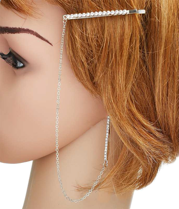 PEARL HAIR PIN AND CHAIN LINK CRYSTAL BAR EARRING SET