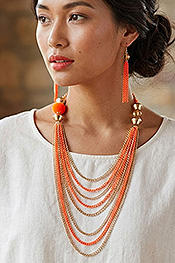 MULTI RING METAL AND CRYSTAL GLASS DROP LONG COLORFUL FASHION MULTI CHAIN NECKLACE EARRING SET