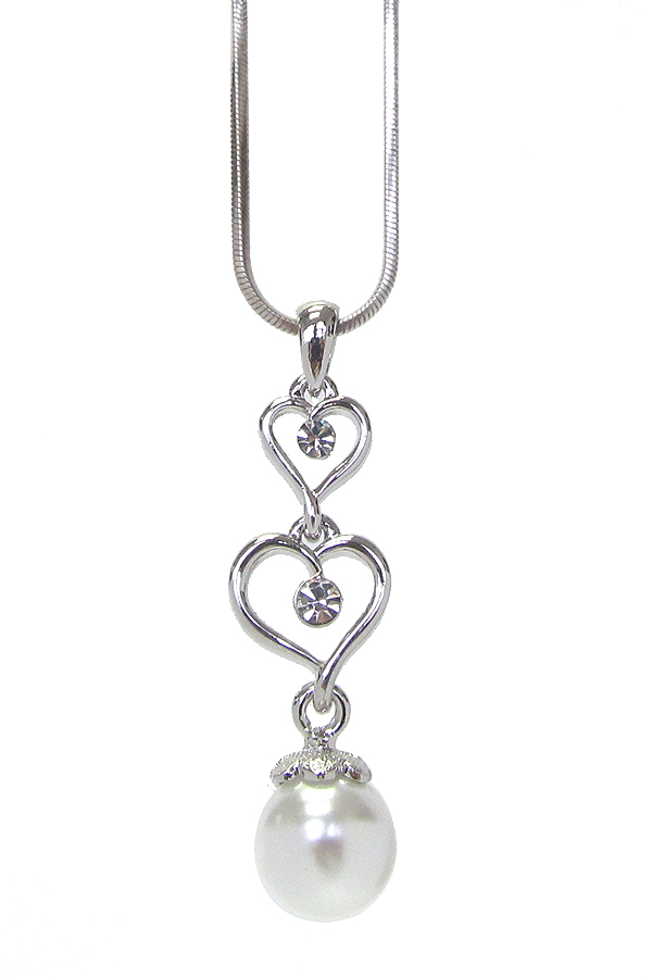 MADE IN KOREA WHITEGOLD PLATING CRYSTAL DOUBLE HEART AND PEARL PENDANT NECKLACE