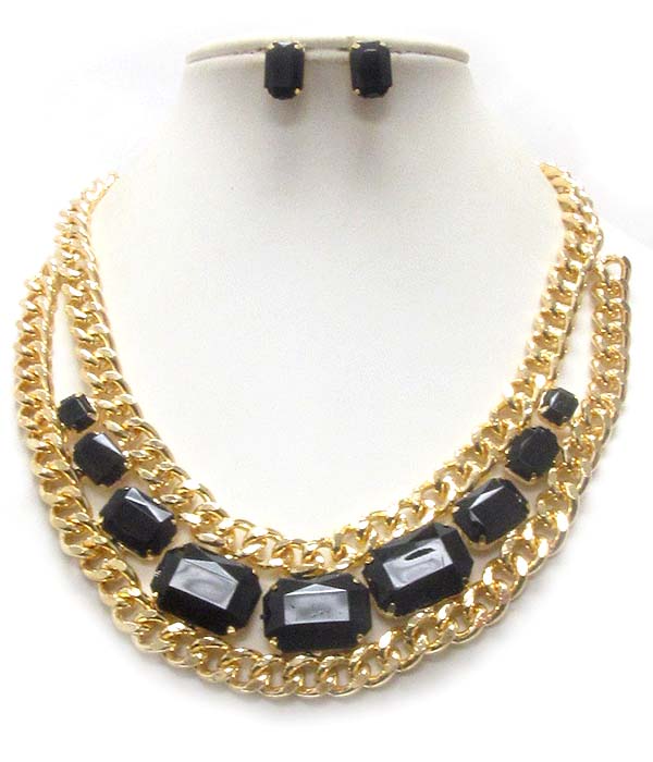 FACET ACRYLIC STONE AND DOULBLE CHAIN DECO DROP NECKLACE EARRING SET