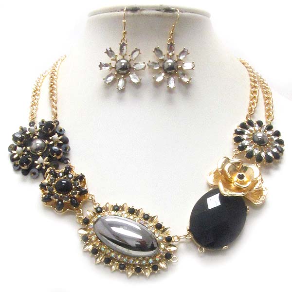 MULTI STONE DECO FLOWER LINK AND DOUBLE CHAIN NECKLACE EARRING SET