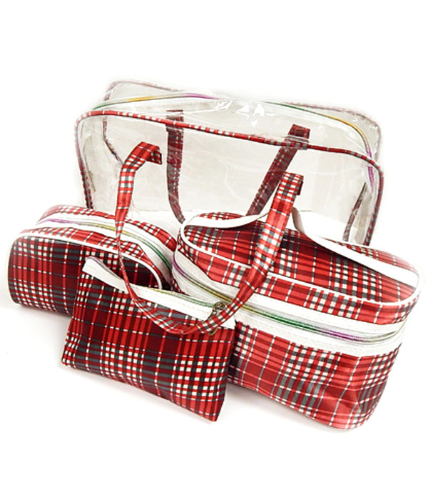STRIPE PRINT 3 COSMETIC POUCHES AND TRANSPARENT BAG SET OF 4