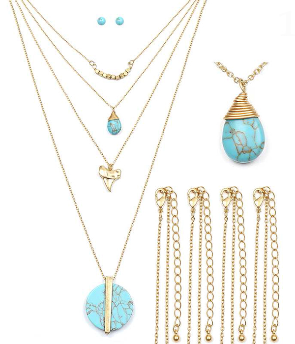TURQUOISE AND TOOTH PENDANT 4 NECKLACE SET