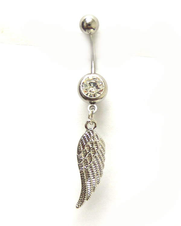 SURGICAL STEEL STEEL FEATHER WITH CRYSTAL BELLY RING  NAVEL RING