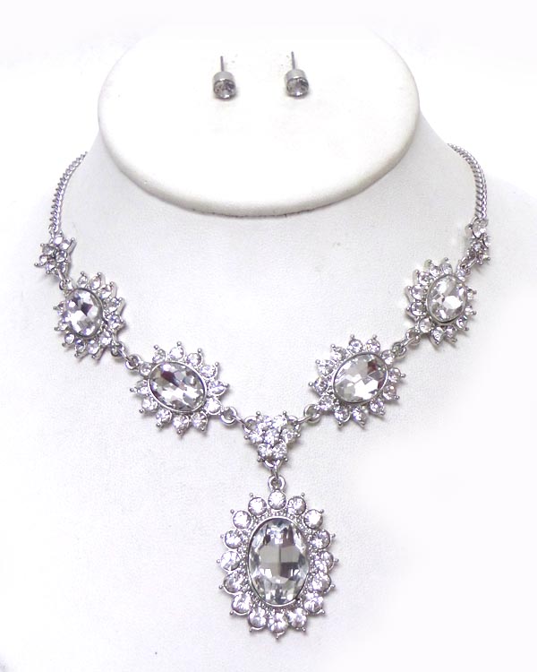 LINKED CRYSTAL FLOWERS WITH SINGLE CRYSTAL DROP NECKLACE SET 