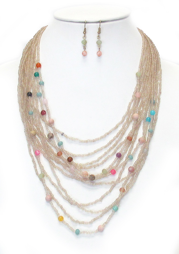 MULTI LAYER SEED BEAD AND BALL STONE MIX NECKLACE SET