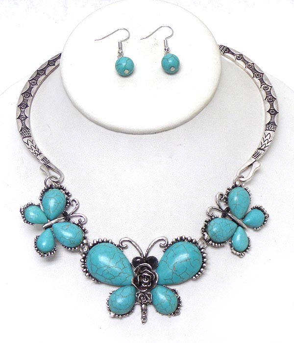 TURQUOISE BUTTERFLY LINK CHOCKER NECKLACE SET