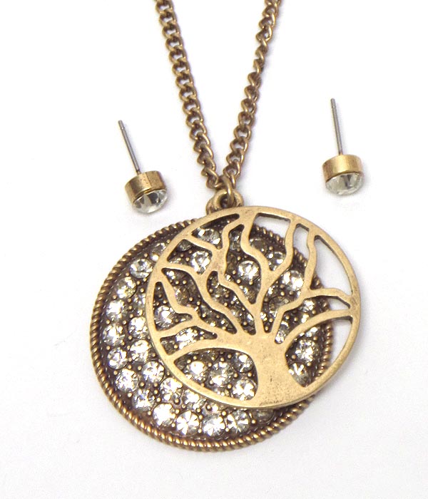 CRYSTAL STUD DISK AND TREE OF LIFE PENDANT NECKLACE SET