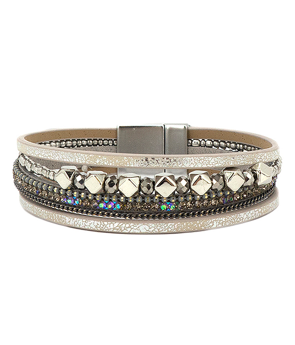 CRYSTAL AND METAL BEAD MIX MULTI LAYER LEATERETTE MAGNETIC BRACELET