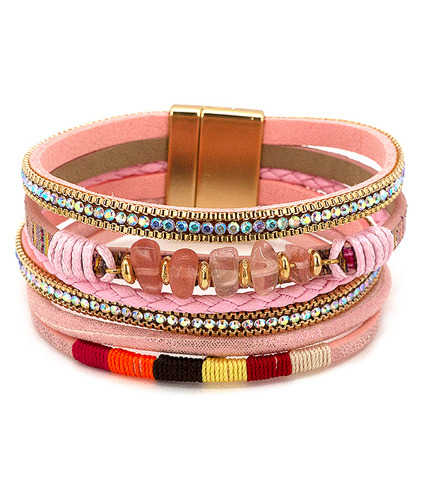CRYSTAL AND GENUINE STONE BEAD MIX MULTI LAYER LEATHERETTE MAGNETIC BRACELET