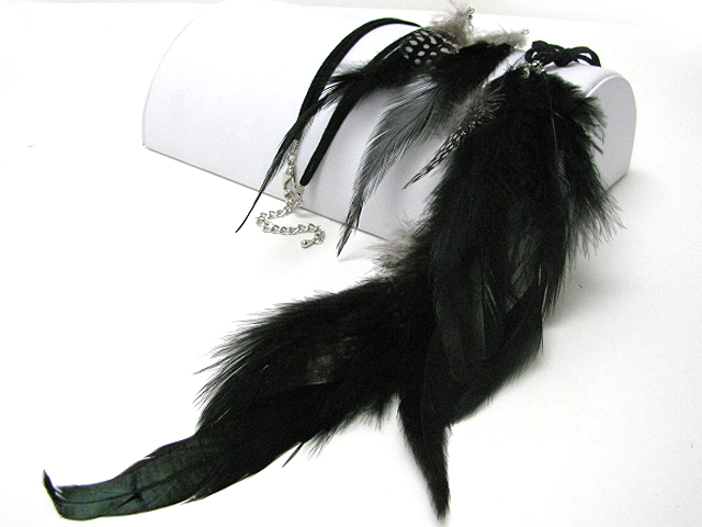MULTI FEATHER AND SUEDE CORD LONG NECKLACE EARRING SET