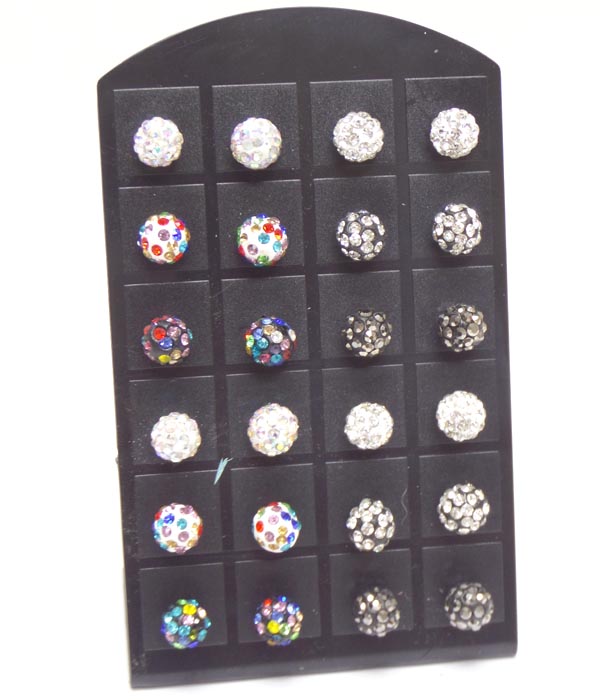 ASSORTED COLOR FIREBALL EARRING DOZEN SET WITH DISPLAY