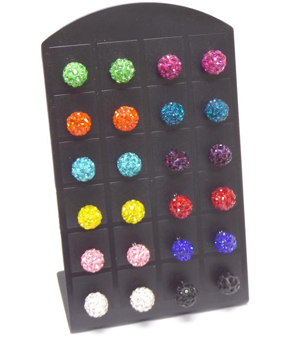ASSORTED COLOR FIREBALL EARRING DOZEN SET WITH DISPLAY