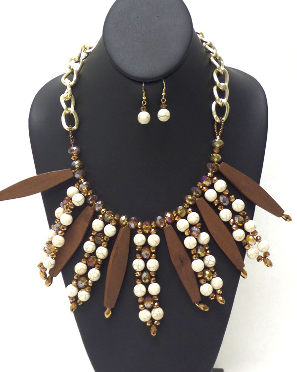 MULTI WOODEN BARS AND SEMI PRECIOUS STONE BALLS WITH CRYSTAL GLASS PATERN CHAIN NECKLACE EARRING SET