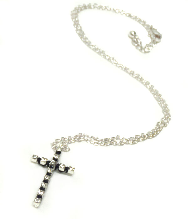 CRYSTAL CROSS AND THIN CORD ON DROP CHAIN NECKLACE