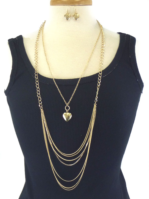 HEART PENDANT RHINESTONE LINE AND MULTI LAYER  METAL CHAIN LINK LONG NECKLACE EARRING SET