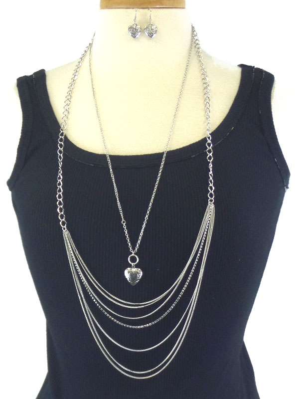 HEART PENDANT RHINESTONE LINE AND MULTI LAYER  METAL CHAIN LINK LONG NECKLACE EARRING SET