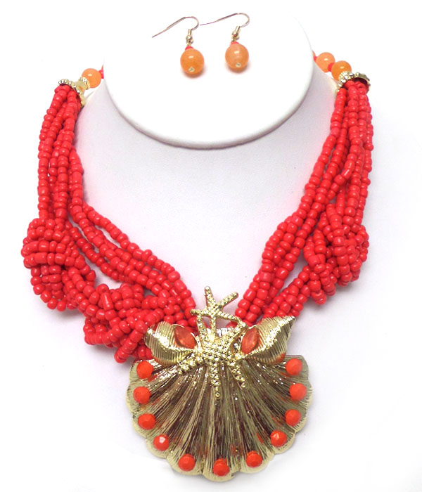 SHELL SEED BEAD MULTI CHAIN TWISTED NECKLACE SET