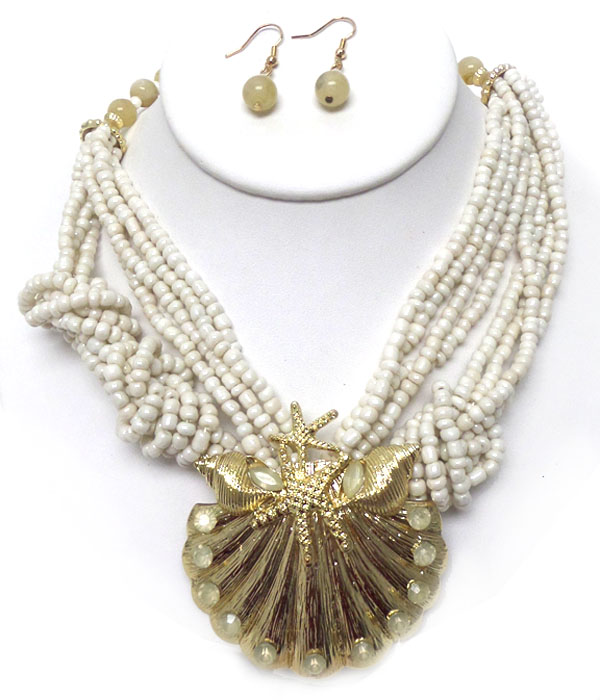 SHELL SEED BEAD MULTI CHAIN TWISTED NECKLACE SET
