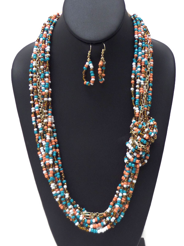 FIVE ROW TIED CHAIN SEED BEAD NECKLACE SET