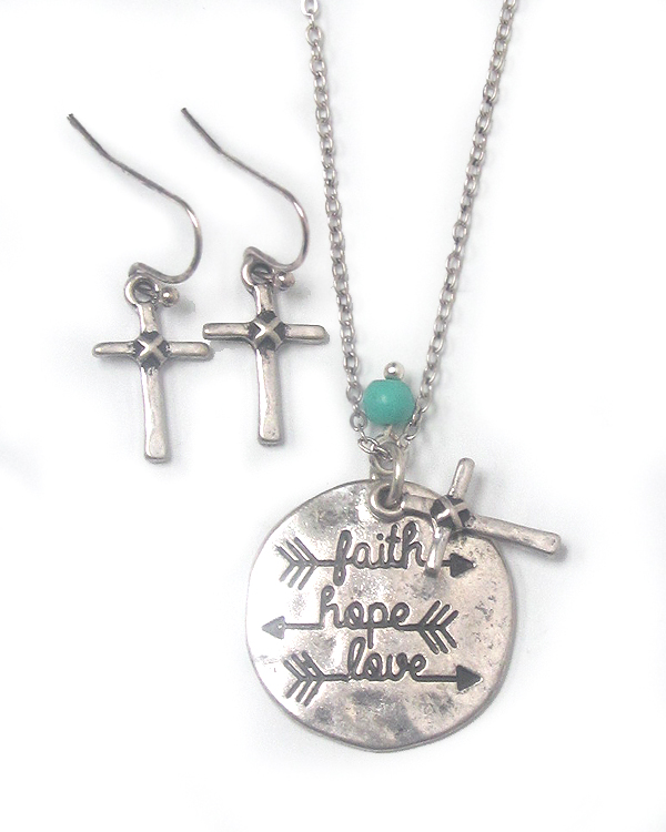 SOUTHERN COUNTRY STYLE HAMMERED DISK PENDANT NECKLACE SET - FAITH HOPE LOVE