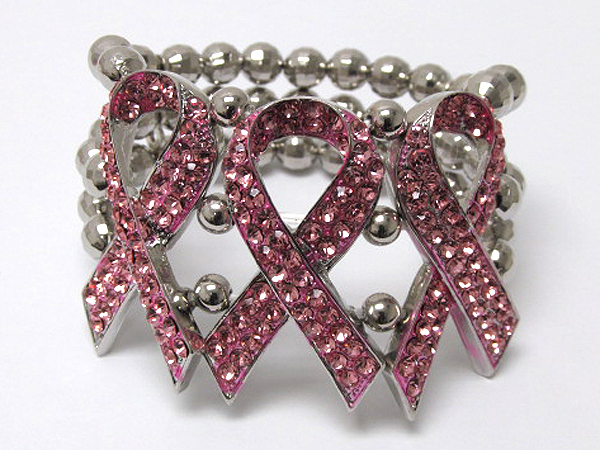 BREAST CANCER AWARENESS  MULTI METAL BALLS AND THREE CRYSTAL PINK RIBBON CHARM STRETCH BRACELET