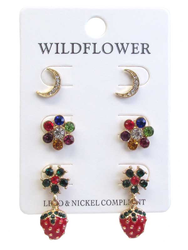 TROPICAL THEME 3 PAIR CRYSTAL EARRING SET - STRAWBERRY