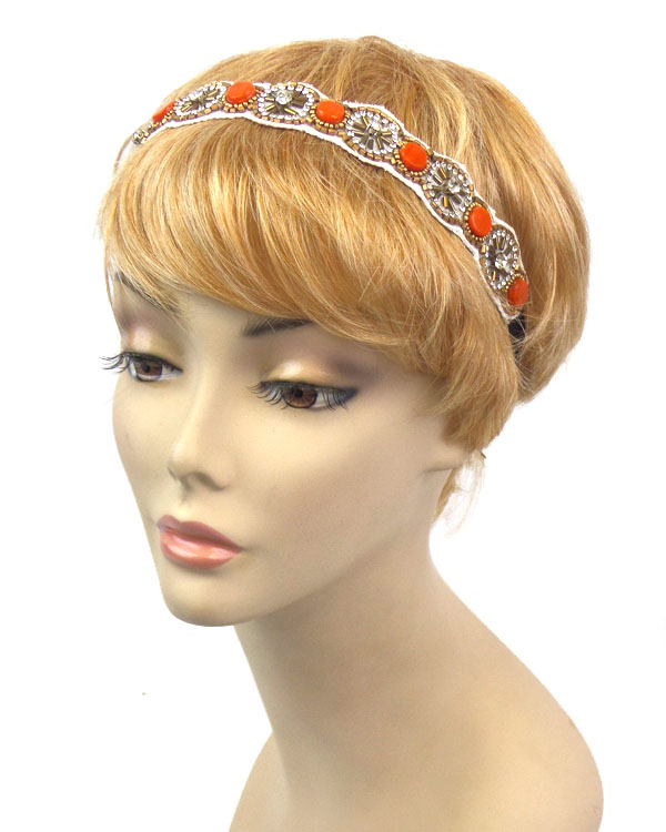 HANDMADE MULTI SEED BEADS AND FAUX CORAL STONE ON FABRIC STRETCH HEADBAND