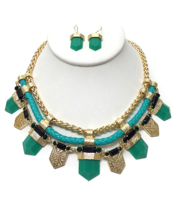 ACRYLIC STONE AND LEATHERETTE CHAIN TRIBAL STYLE NECKLACE EARRING SET