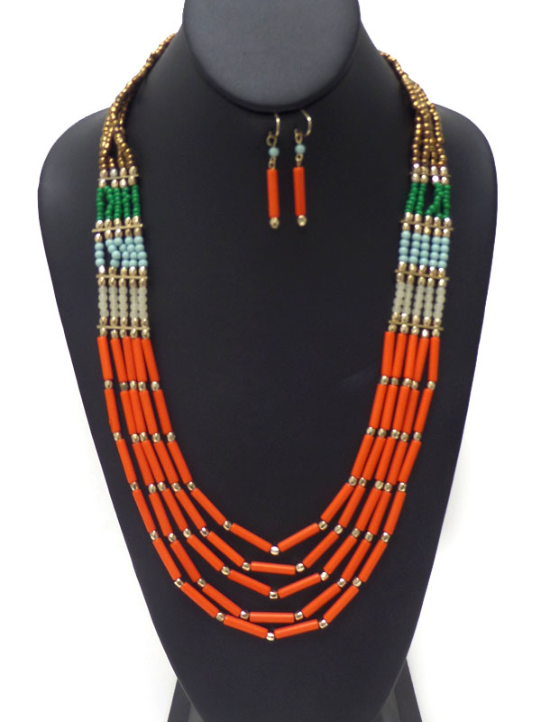 FIVE LAYERS OF MULTI SIZE BEADS NECKLACE EARRING SET 