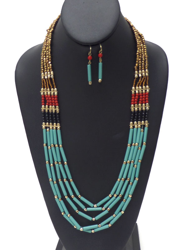 FIVE LAYERS OF MULTI SIZE BEADS NECKLACE EARRING SET