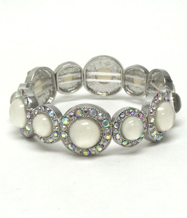 CRYSTAL AND ACRYLIC STONE DECO MULTI METAL DISK LINK STRETCH BRACELET