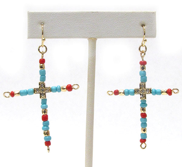 CRYSTAL CENTER AND BEAD CROSS EARRING