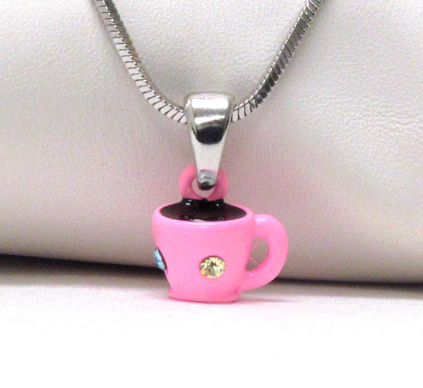 WHITEGOLD PLATING AND CRYSTAL DECO COFFEE CUP PENDANT NECKLACE