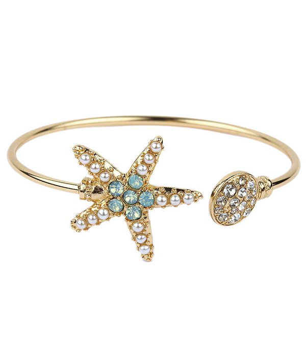 CRYSTAL AND PEARL STARFISH WIRE BANGLE BRACELET