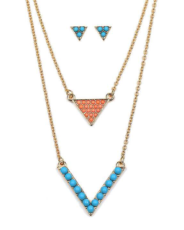 TURQUOISE AND CORAL CHEVRON AND TRIANGLE DOUBLE LAYER NECKLACE SET