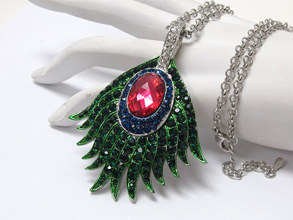 MULTI CRYSTAL AND ONE CRYSTAL GLASS ON CENTER FASHION METAL PEACOCK FEATHER CHAIN NECKLACE