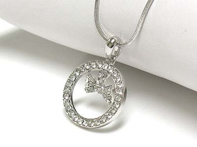 MADE IN KOREA WHITEGOLD PLATING CRYSTAL RIBBON DROP ROUND PENDANT NECKLACE