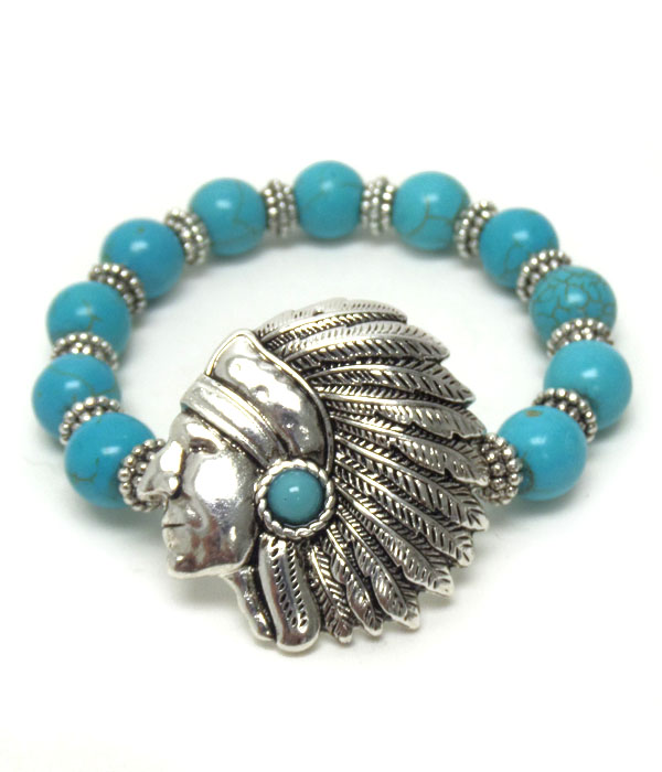 INDIAN HEAD ON TURQUOISE STONE STRETCH BRACELET