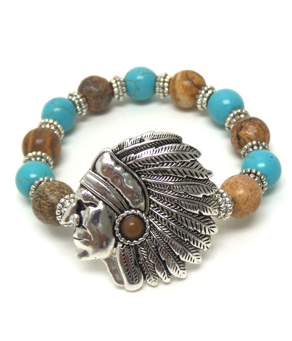 INDIAN HEAD ON TURQUOISE  AND BROWN STONE STRETCH BRACELET